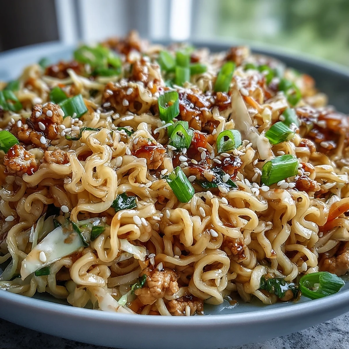Creamy Potsticker Noodle Stir-Fry with ground turkey and coleslaw mix tossed in a glossy peanut-sesame sauce, served steaming in a bowl