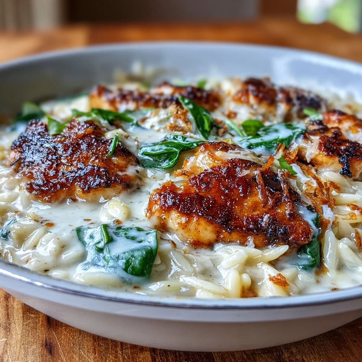 Golden seared chicken pieces, wilted spinach, and creamy Parmesan orzo are served hot in a rustic skillet, garnished with fresh parsley.