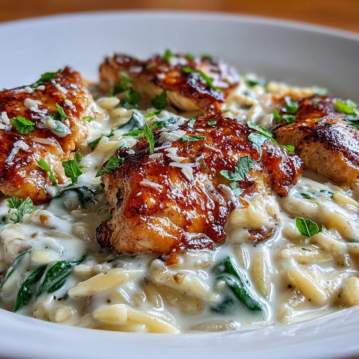 Close-up photo of One-Pot Creamy Garlic Parmesan Chicken Orzo showing a rich, cheesy sauce coating tender orzo and juicy chicken.