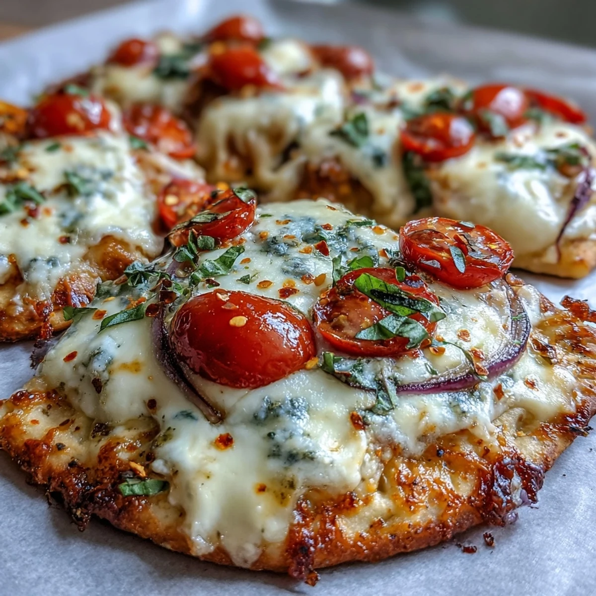 Freshly baked Crispy Garlic Parmesan Naan Pizza features golden crust, bubbling mozzarella, and vibrant cherry tomatoes on a baking sheet.