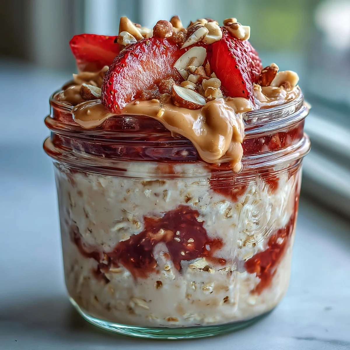 Close-up of High-Protein Peanut Butter & Jelly Overnight Oats in a jar showing a creamy texture and a vibrant strawberry jam swirl.