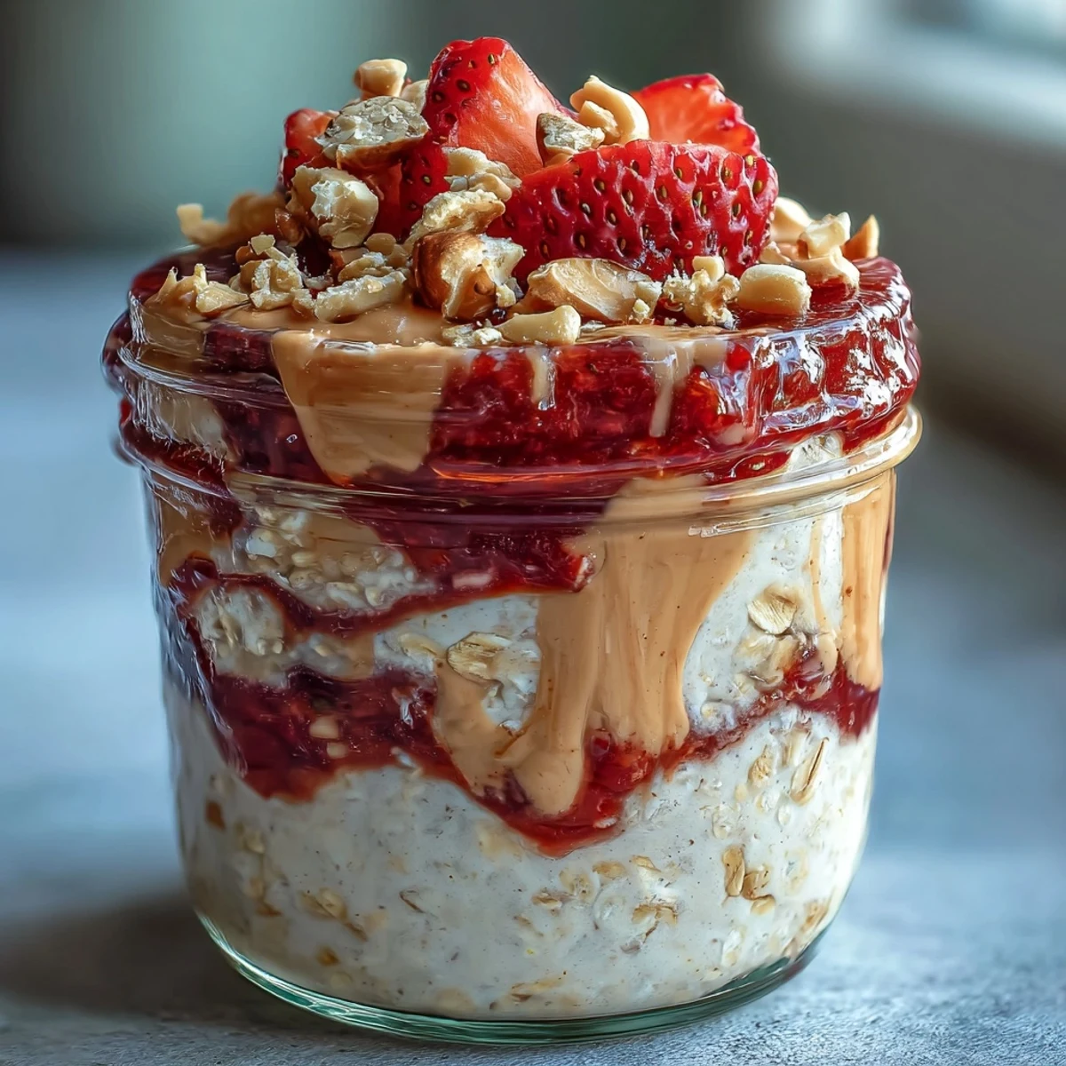 Overhead view of High-Protein Peanut Butter & Jelly Overnight Oats layered with oats, Greek yogurt, and homemade strawberry jam.