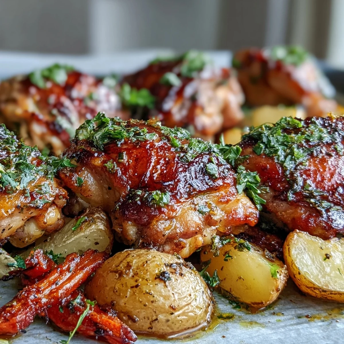Golden, ranch-seasoned chicken thighs with roasted potatoes and carrots on a sheet pan, garnished with fresh parsley.