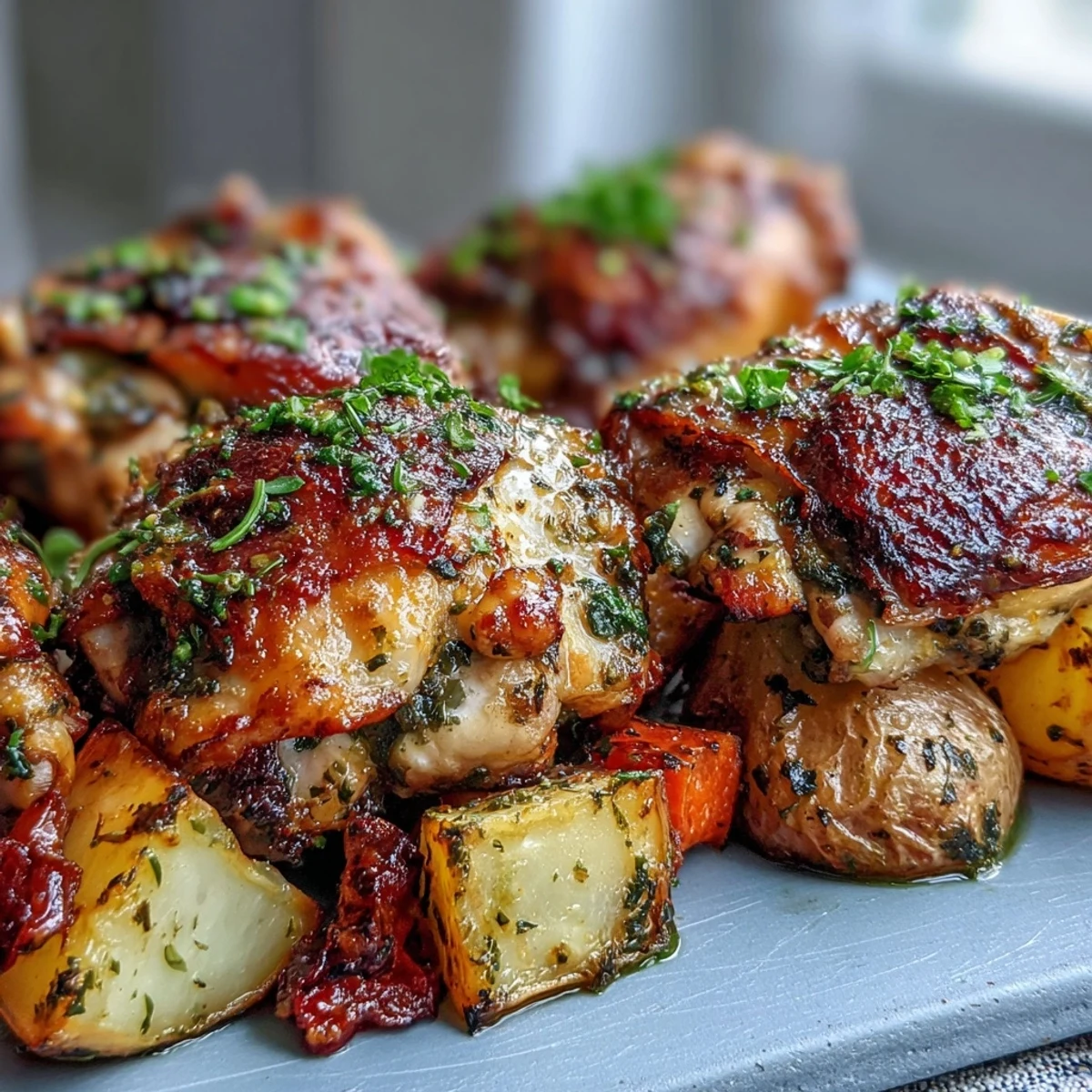 Close-up of Crispy Ranch Sheet Pan Chicken & Veggies showing crispy skin and caramelized vegetables on a tray.