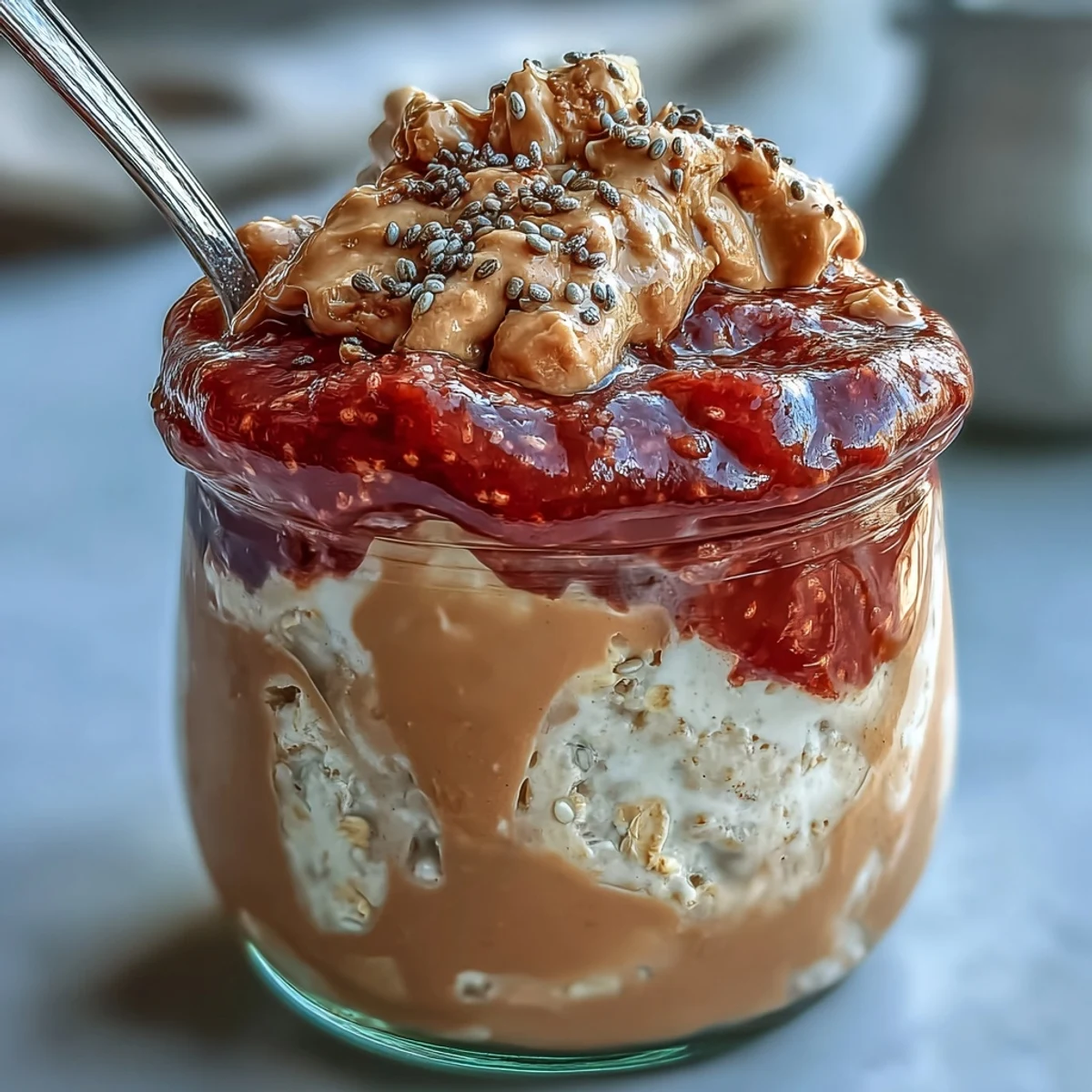 Glass jars display layered overnight oats with a rich peanut butter center and vibrant strawberry jam swirl, ready to eat.