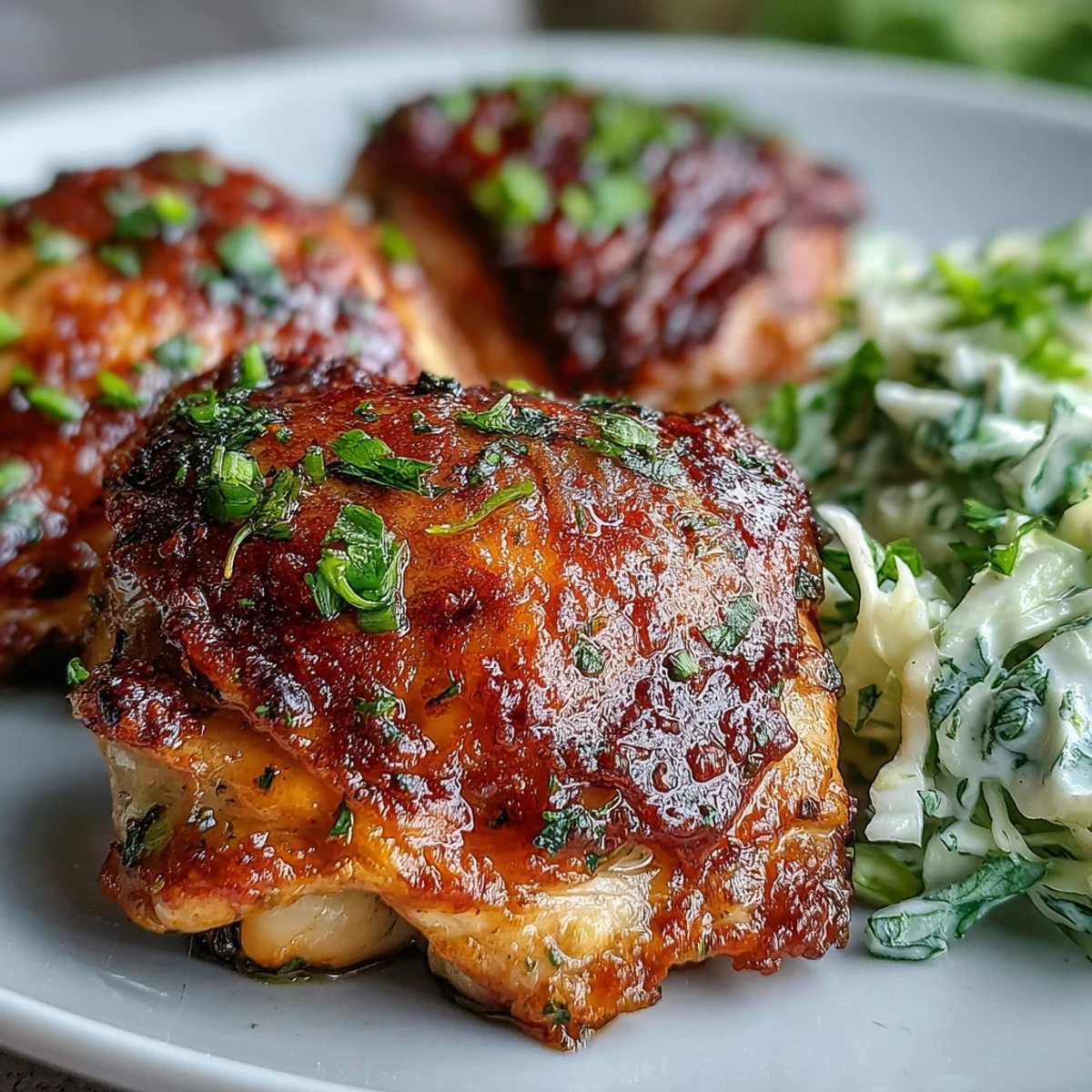 Serving tender Keto Crispy Chicken Thighs with a forkful of refreshing lemon cabbage slaw, perfect for dinner.
