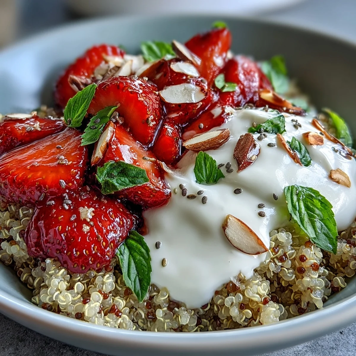 A bright white bowl of Strawberry Basil Breakfast Quinoa Bowl with sliced berries and fresh basil.