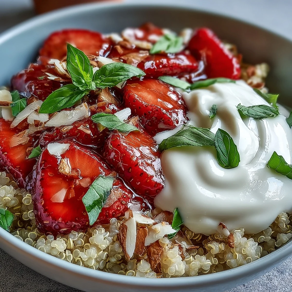 A vegan breakfast bowl topped with strawberries, basil, and a sweet honey alternative drizzle.