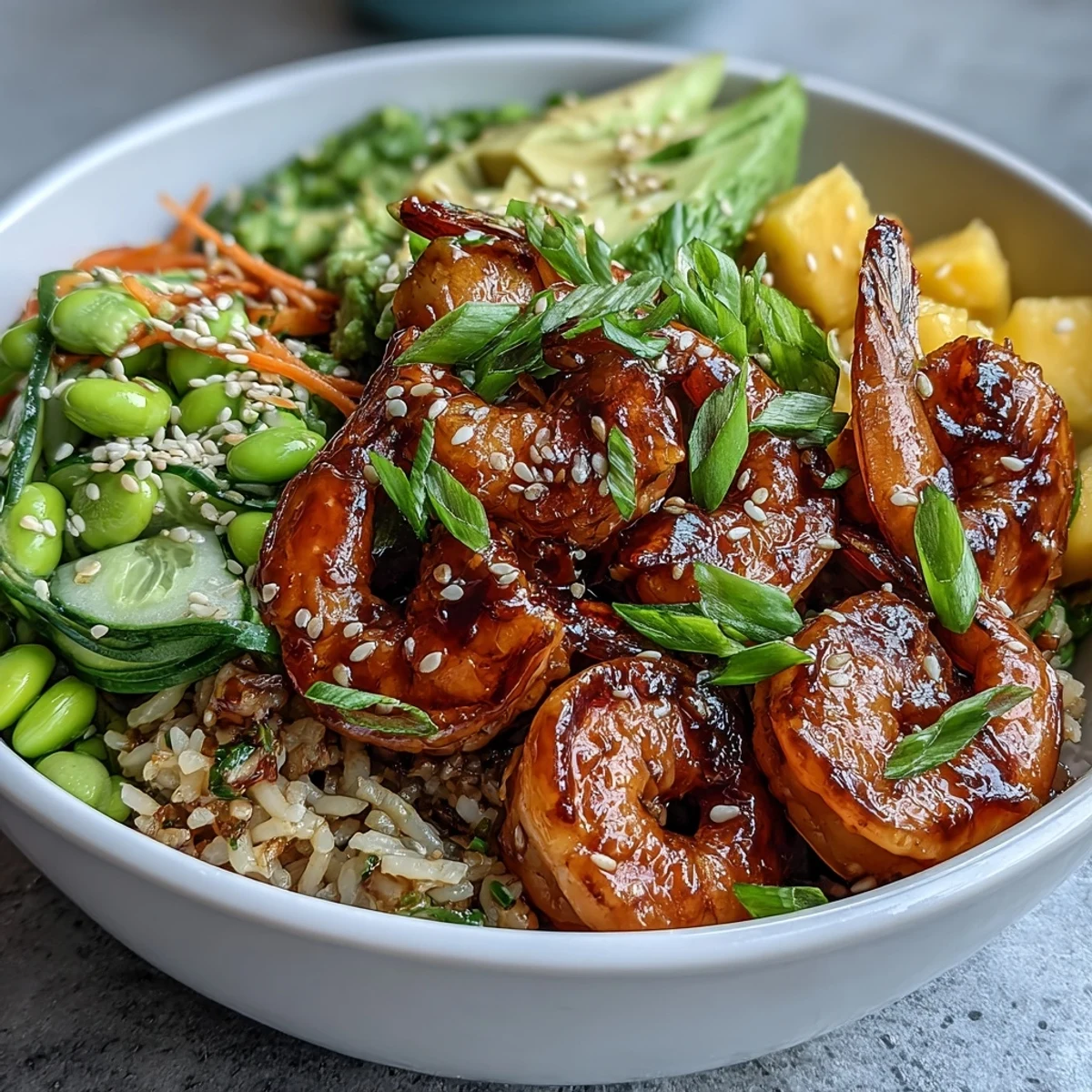 Vibrant 20-Minute Shrimp Poke Bowl with Mango and Edamame layered with fresh, colorful ingredients.