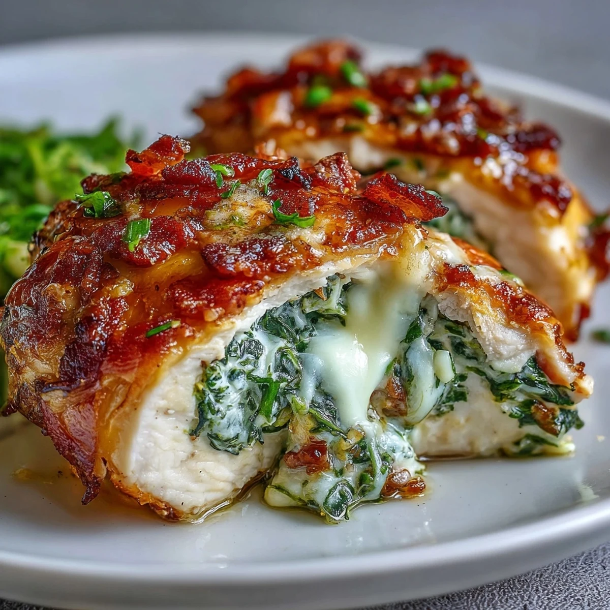 Golden-brown Keto Spinach and Bacon Stuffed Chicken Breasts with Garlic Butter, baked and ready to slice for a delicious dinner.