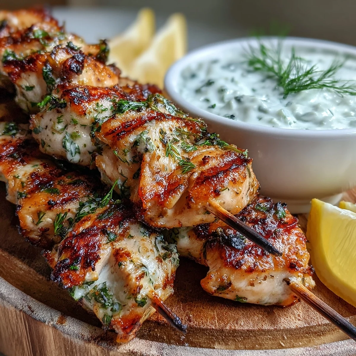 Close-up of Light Lemon Herb Chicken Skewers with Tzatziki, showing tender herb-marinated chicken cubes on a wooden platter.
