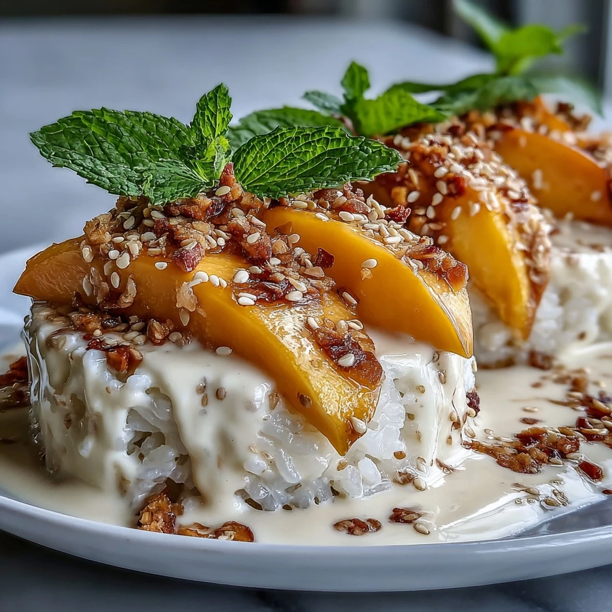 A golden bowl of Vegan Mango Sticky Rice Breakfast Bowls garnished with toasted coconut flakes and mint.