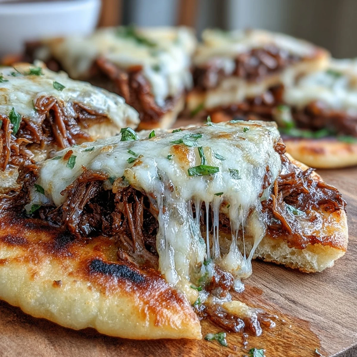 Slow Cooker Beef & Garlic Naan Melt with tender shredded pot roast, gooey cheese, and golden garlic naan served with savory au jus for dipping.  