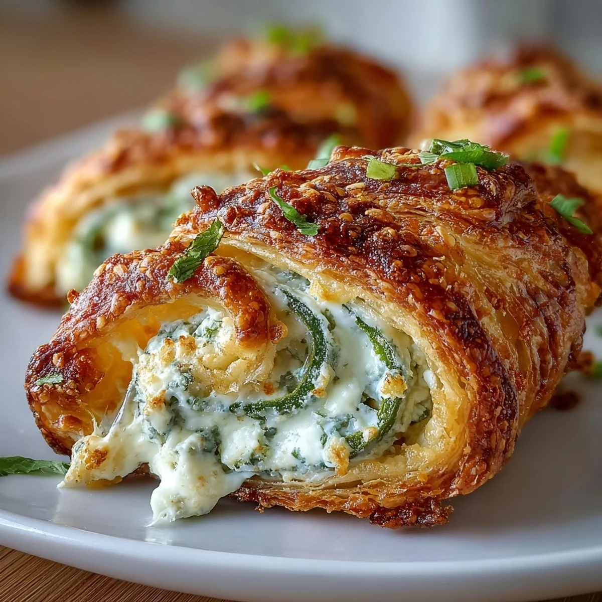 Flaky pastry spirals bursting with cheesy jalapeño filling, baked to crispy perfection and ready to serve.