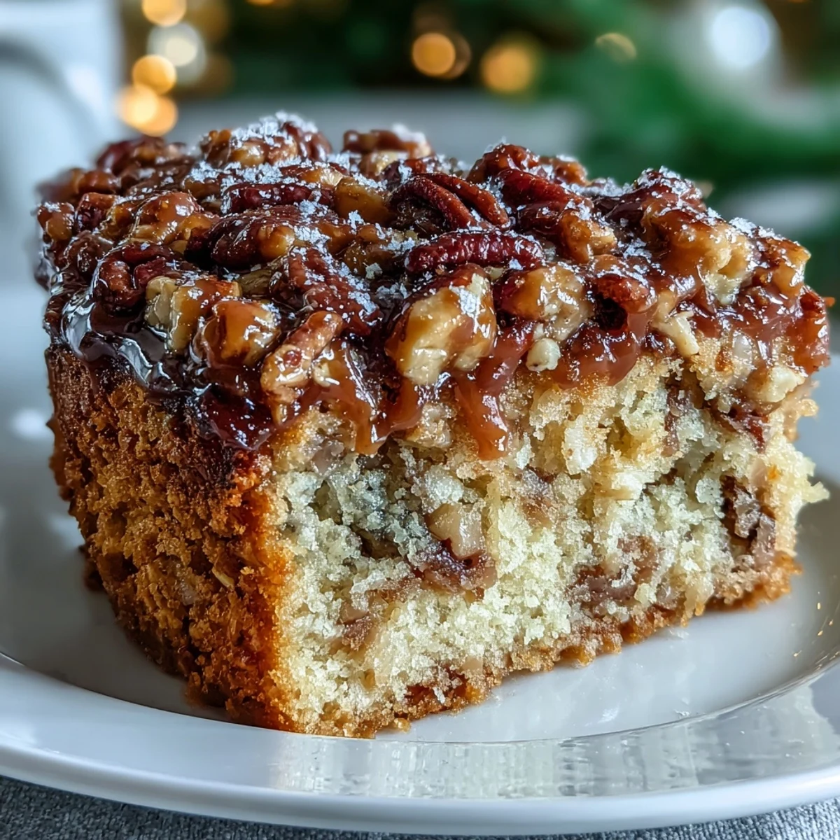 Decadent Christmas Toffee Crunch Cake with caramelized toffee and chopped pecans, ideal for festive celebrations and gatherings.