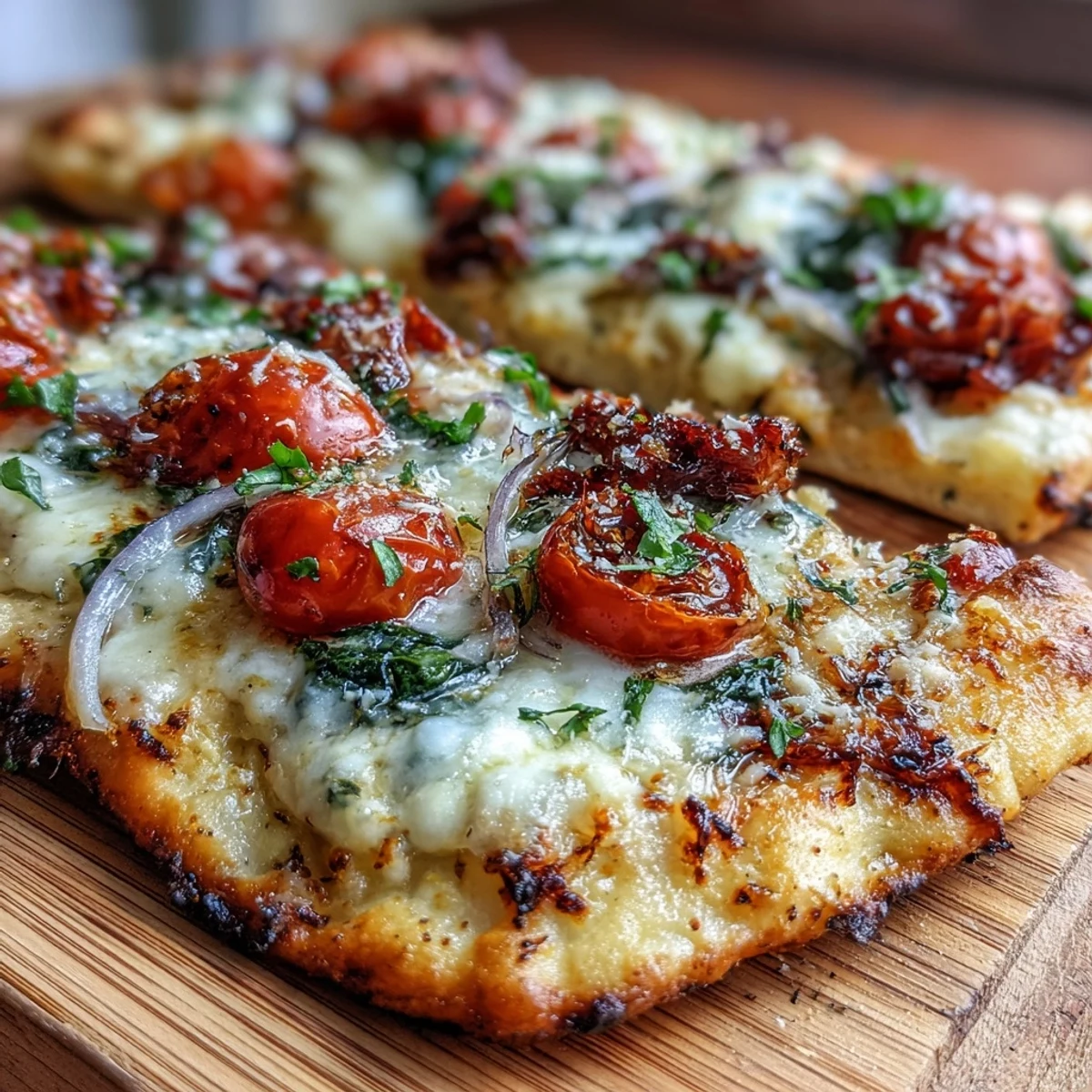 Crispy garlic Parmesan naan pizza with melted cheese, cherry tomatoes, and fresh spinach on golden garlic butter naan crust.