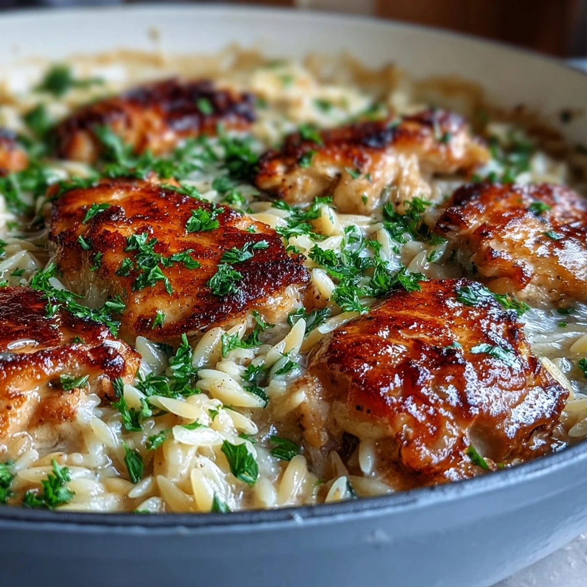 Creamy One-Pot Garlic Parmesan Chicken Orzo with golden seared chicken in rich garlic-Parmesan sauce.