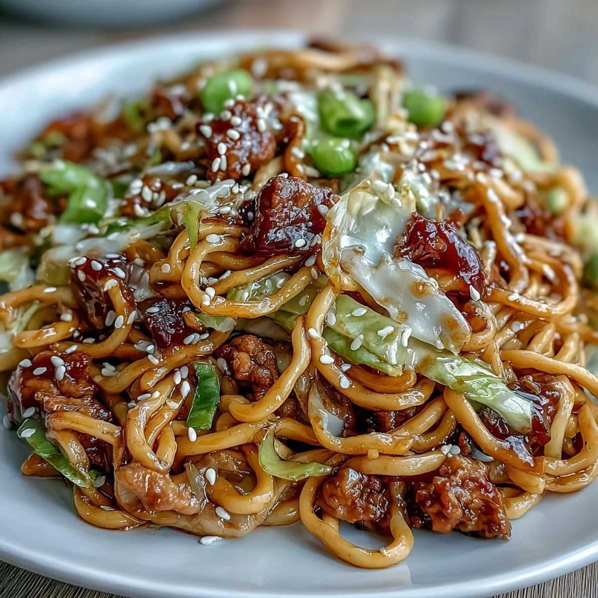 Creamy Potsticker Noodle Stir-Fry with ground turkey, ramen, and coleslaw in a savory soy-sesame sauce, topped with sesame seeds.  
