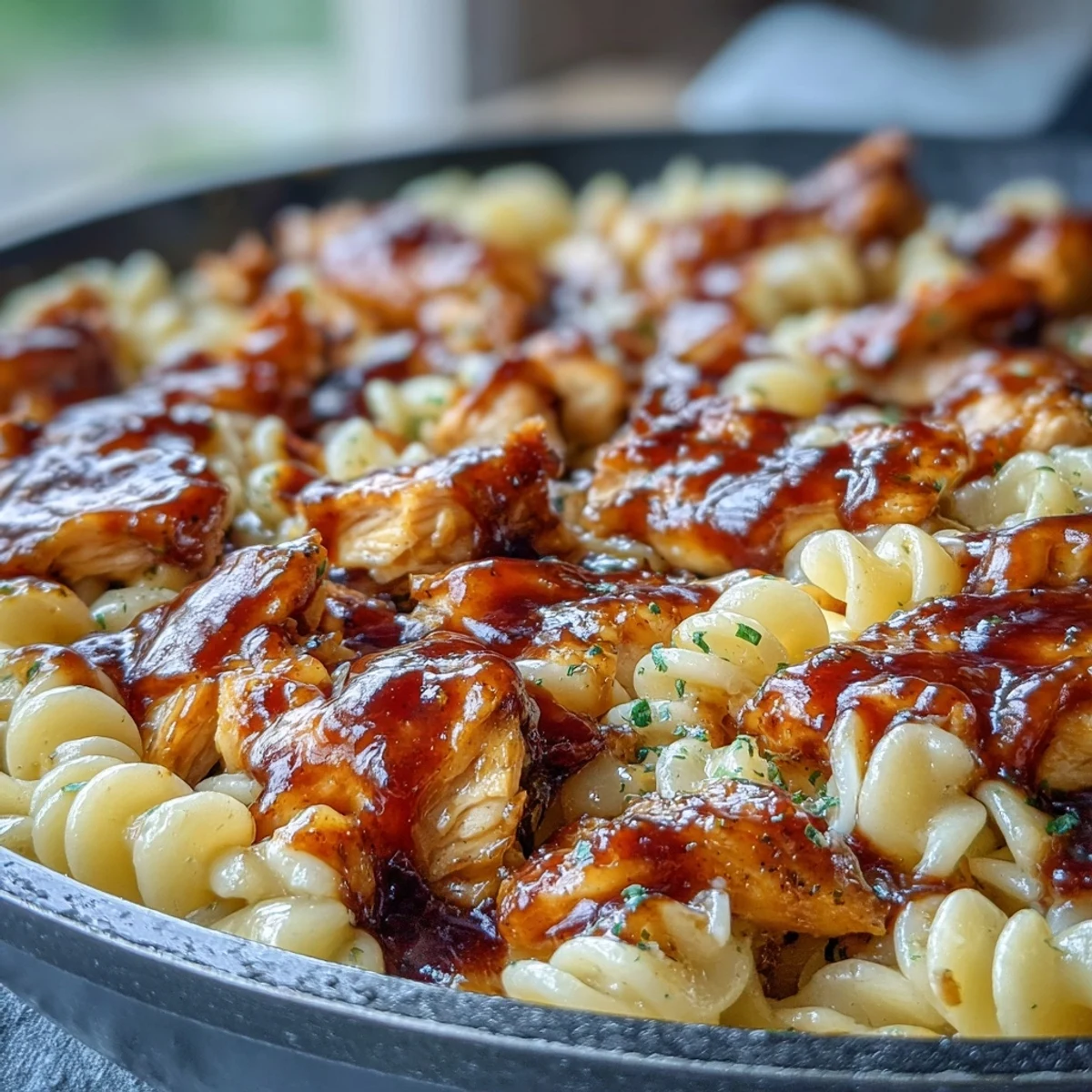 Sticky honey BBQ chicken pasta skillet with tender chicken and creamy cheddar macaroni in one pan.  