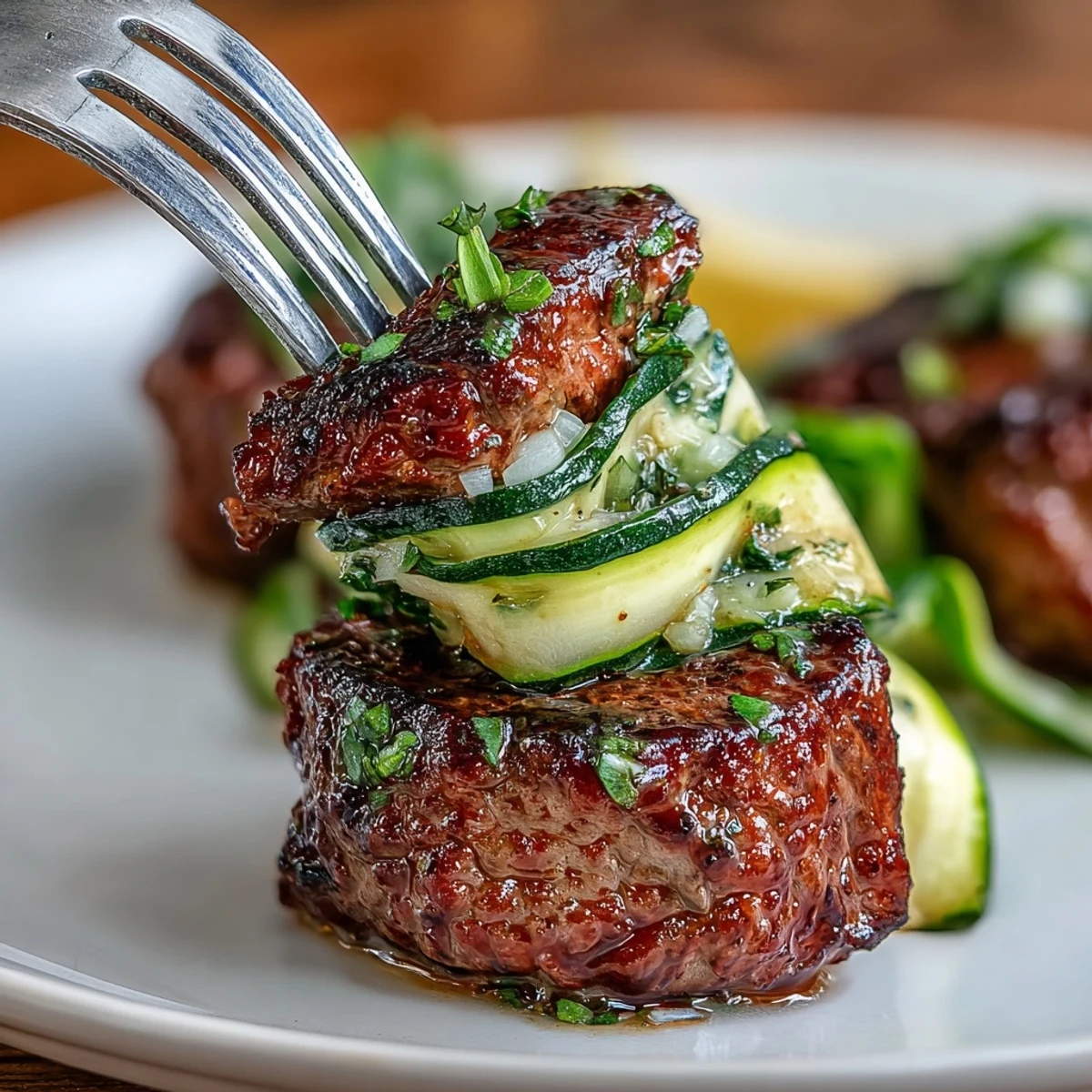 Keto garlic butter steak bites with crispy avocado fries and zucchini ribbons in a vibrant, low-carb dinner presentation.