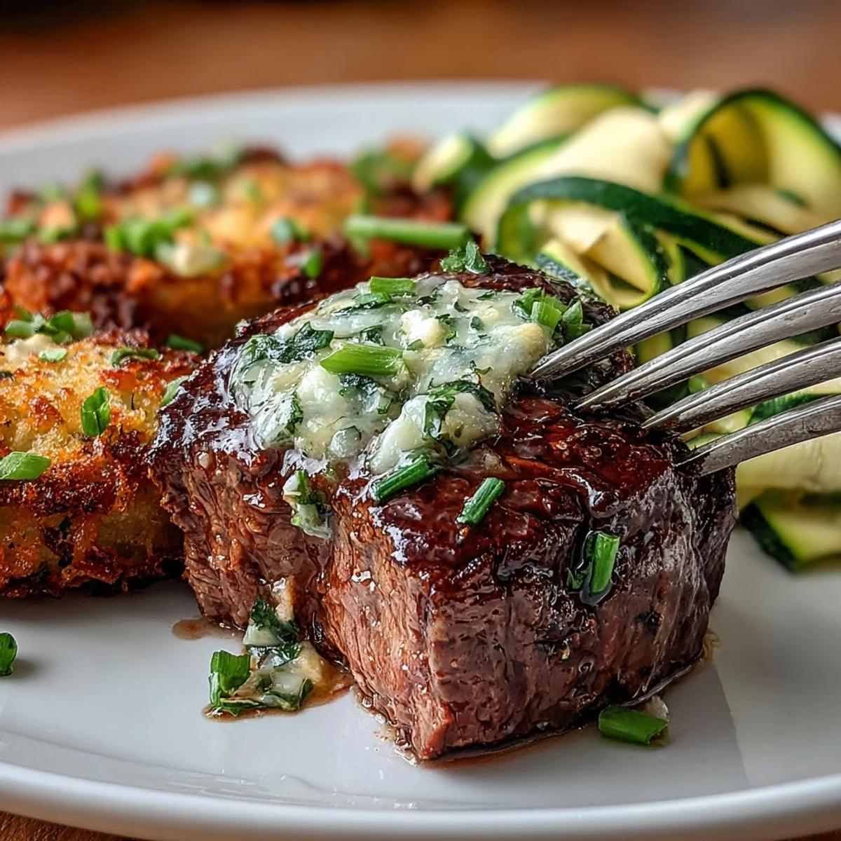 Juicy steak cubes glazed in rich garlic butter, paired with golden baked avocado fries and fresh zucchini ribbons for a satisfying keto meal.