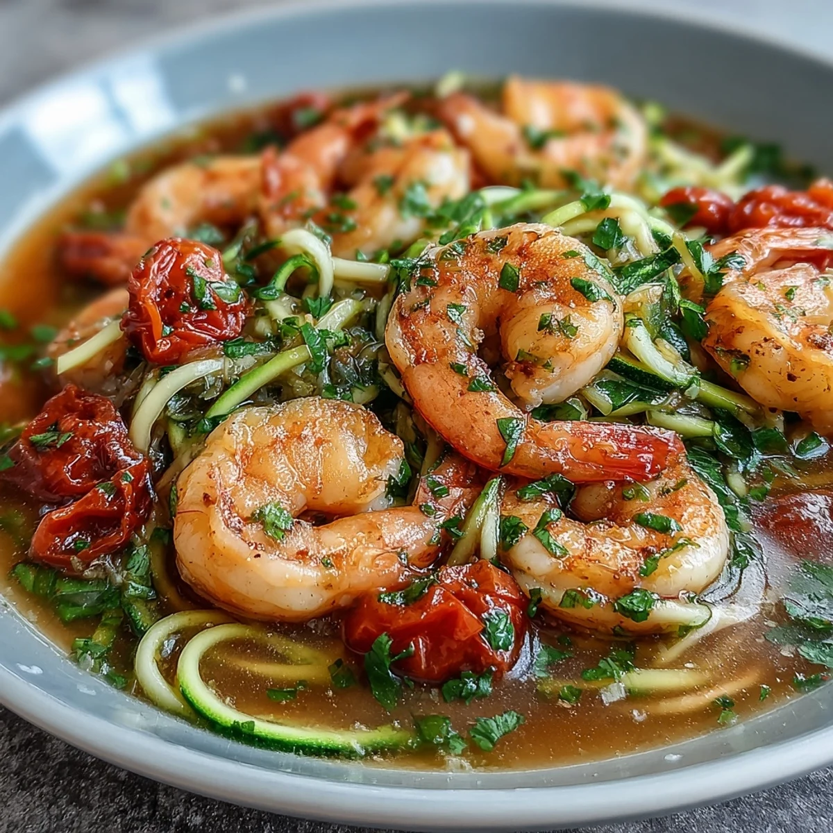 Zesty lemon-garlic broth with tender shrimp and zucchini noodles in a healthy, quick-cooking meal.  