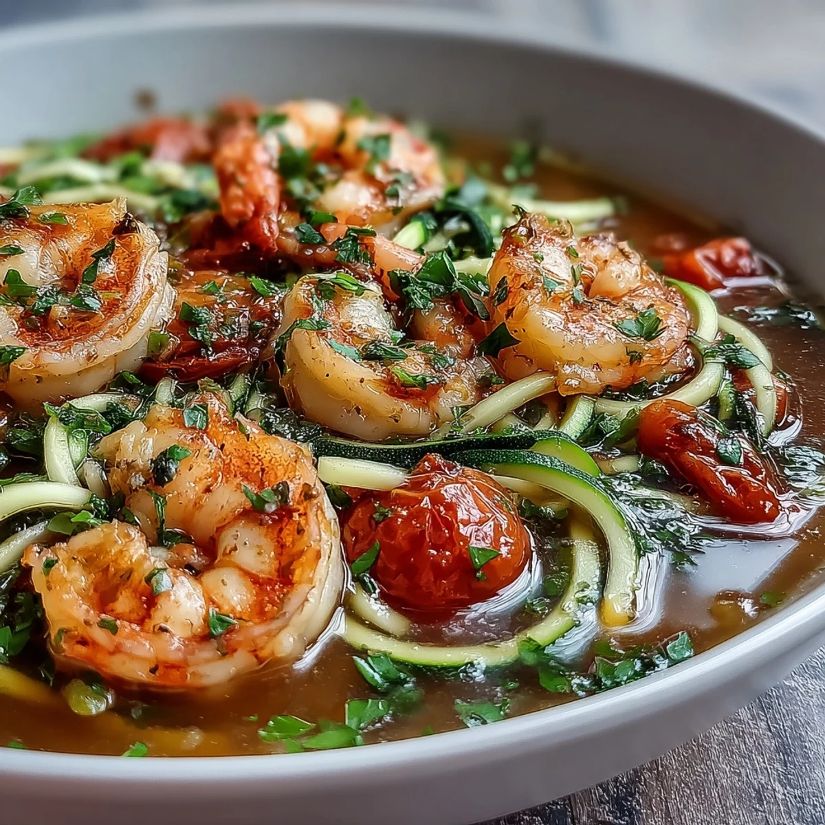 Fresh parsley and cherry tomatoes top this vibrant zucchini noodle shrimp bowl with zesty citrus notes.