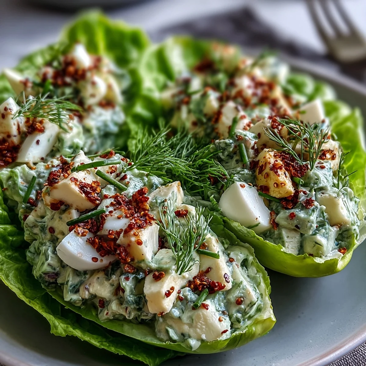 Fresh lettuce wraps packed with smooth avocado egg salad and finished with a generous sprinkle of everything bagel seasoning for added texture.