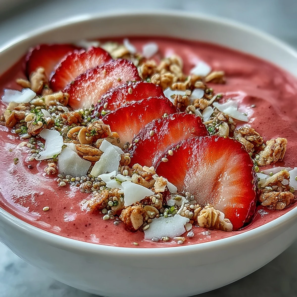 A vibrant, protein-rich smoothie bowl featuring hidden cauliflower for creaminess, blended with strawberries and banana, finished with granola and coconut for texture.