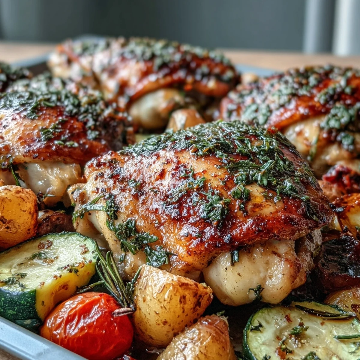 Easy sheet pan dinner featuring tender chicken thighs, golden potatoes, and colorful zucchini, all roasted with fresh herbs and lemon.  