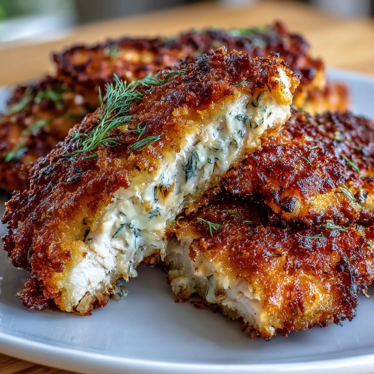 Crunchy Parmesan-crusted chicken breasts fried to perfection, featuring tangy dill pickle marinade for bold, irresistible flavor.  
