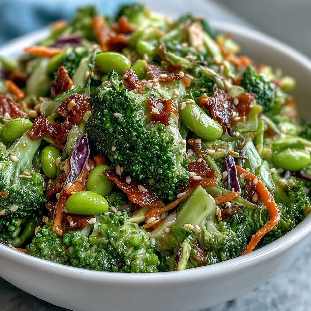 A vibrant broccoli crunch salad with shredded cabbage, carrots, and edamame, tossed in zesty Asian-inspired dressing.  