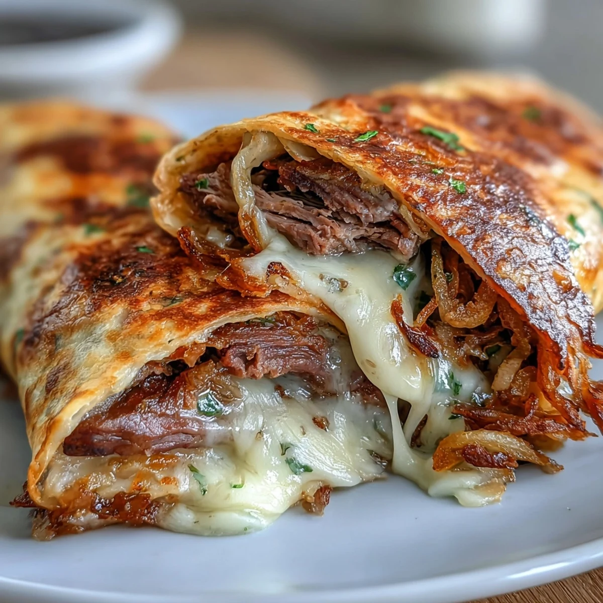 Golden-baked tortilla roll ups packed with roast beef, provolone, and fried onions, served hot with a side of fragrant au jus for dipping.