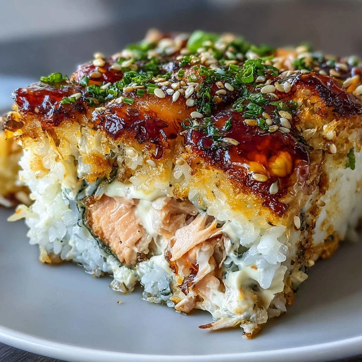 Deconstructed salmon roll casserole topped with furikake, sesame seeds, and spicy Sriracha mayo drizzle.  