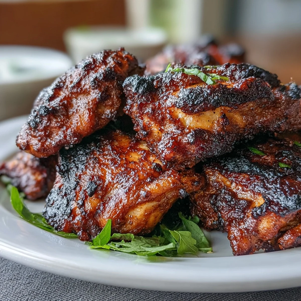 Juicy tandoori chicken thighs, marinated in turmeric, cumin, and smoked paprika, roasted until golden and slightly charred for a rich, aromatic dish.
