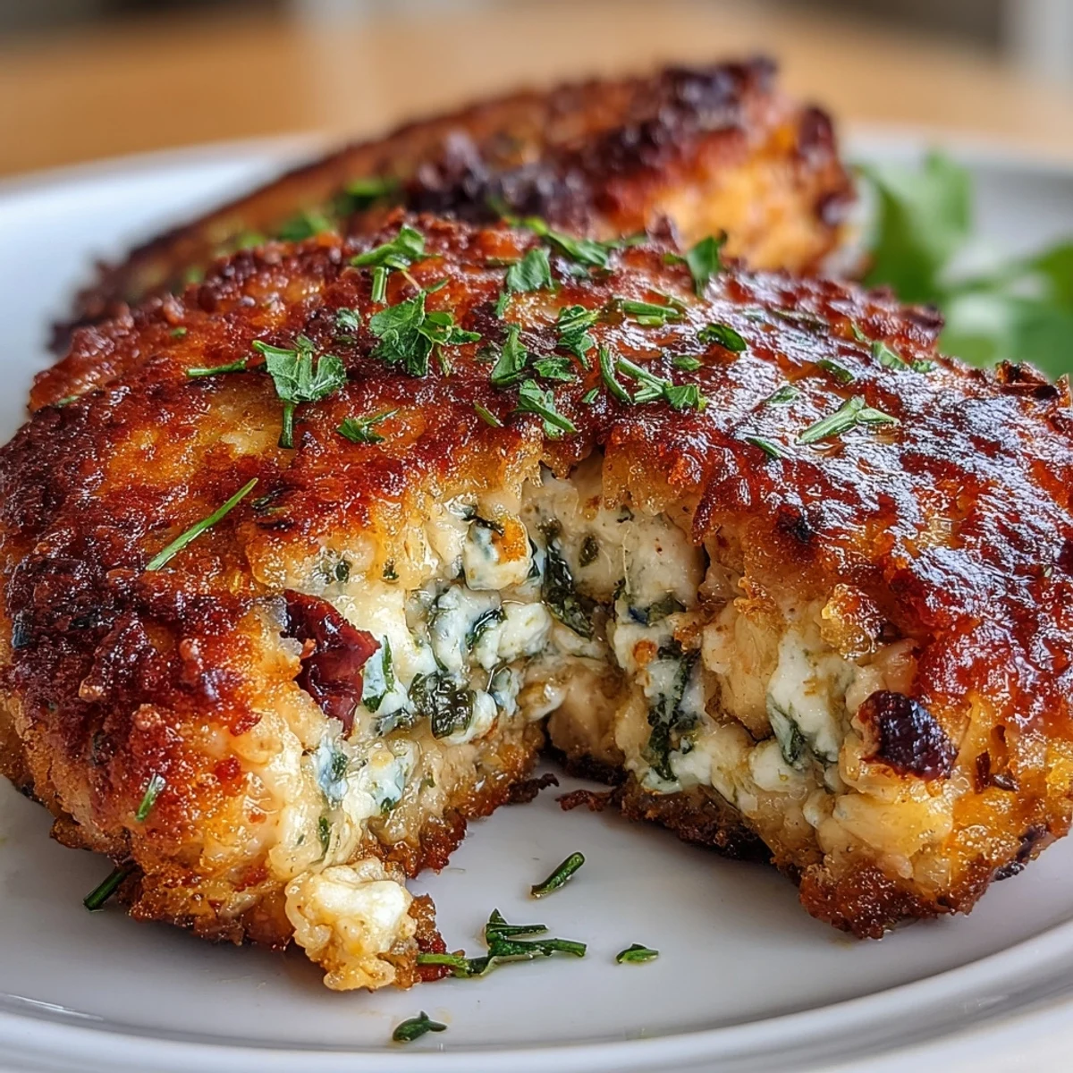 Wholesome chicken patties packed with sun-dried tomatoes, parsley, and tangy feta, perfect for a Mediterranean-inspired meal.  