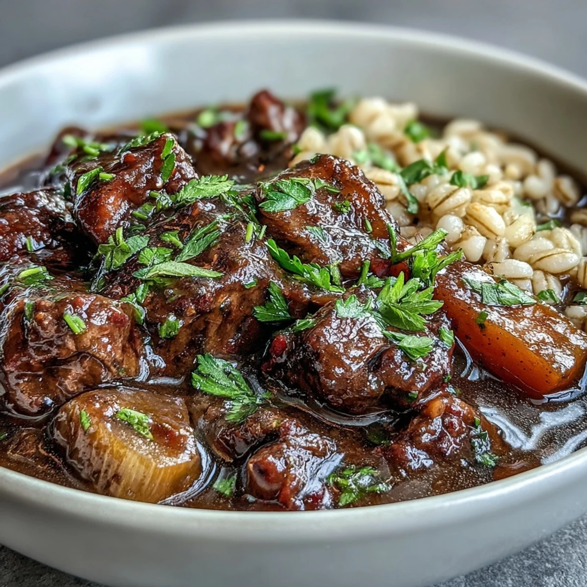 Hearty One-Pot Guinness Beef and Barley Stew brimming with slow-cooked beef, nutty barley, and a colorful mix of carrots, parsnips, and potatoes.