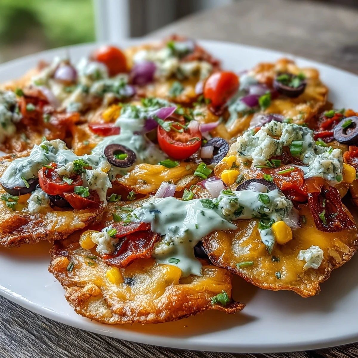 Golden roasted potato slices topped with a rainbow of vegetables, melted cheese, and fresh cilantro, paired with creamy Greek yogurt ranch dressing.