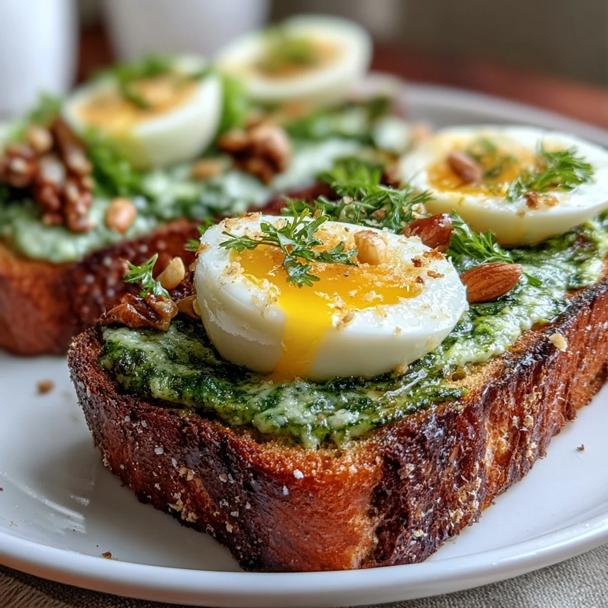 A fresh, vegetarian breakfast featuring toasted sourdough, rich spinach pesto, and a delicately soft-boiled egg garnished with microgreens.