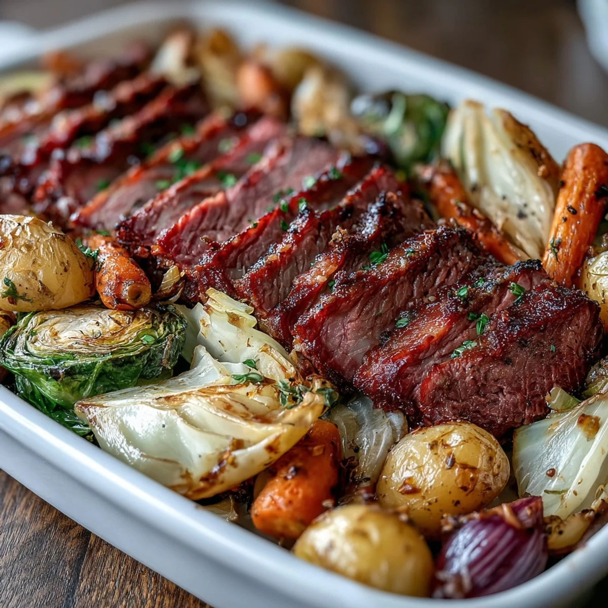 Roasted corned beef and cabbage sheet pan dinner with tender potatoes and carrots, perfect for St. Patrick's Day or weeknight meals.