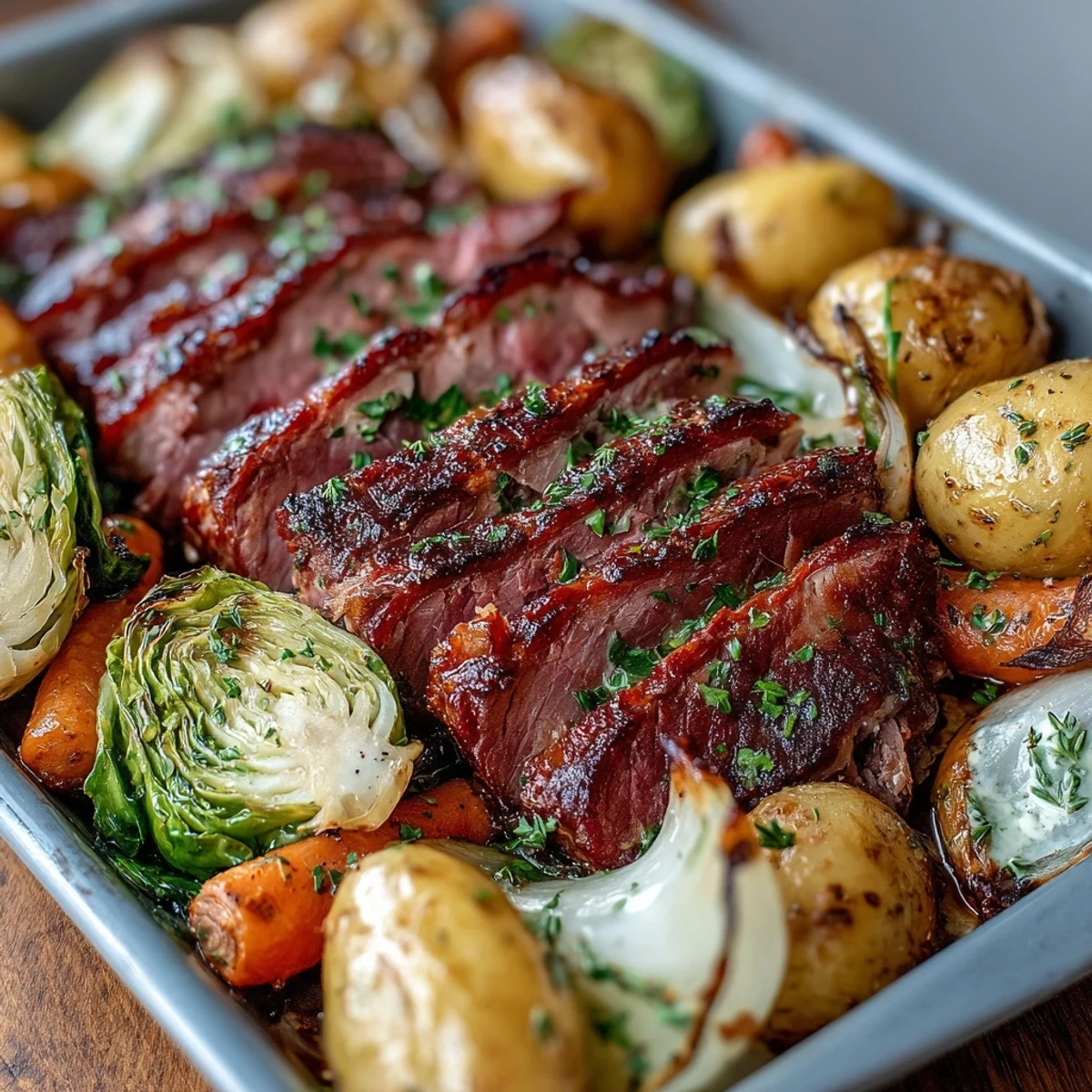 Golden-brown corned beef slices nestled among roasted cabbage wedges, potatoes, and carrots on a single sheet pan for easy cleanup.
