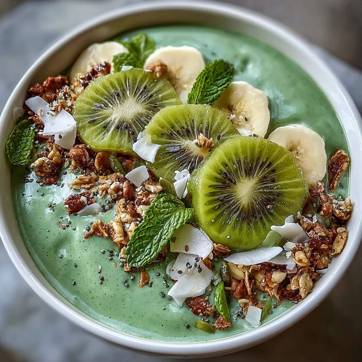 Shamrock Green Smoothie Bowl with Kiwi and Spinach topped with fresh kiwi slices, banana, granola, and shredded coconut.  