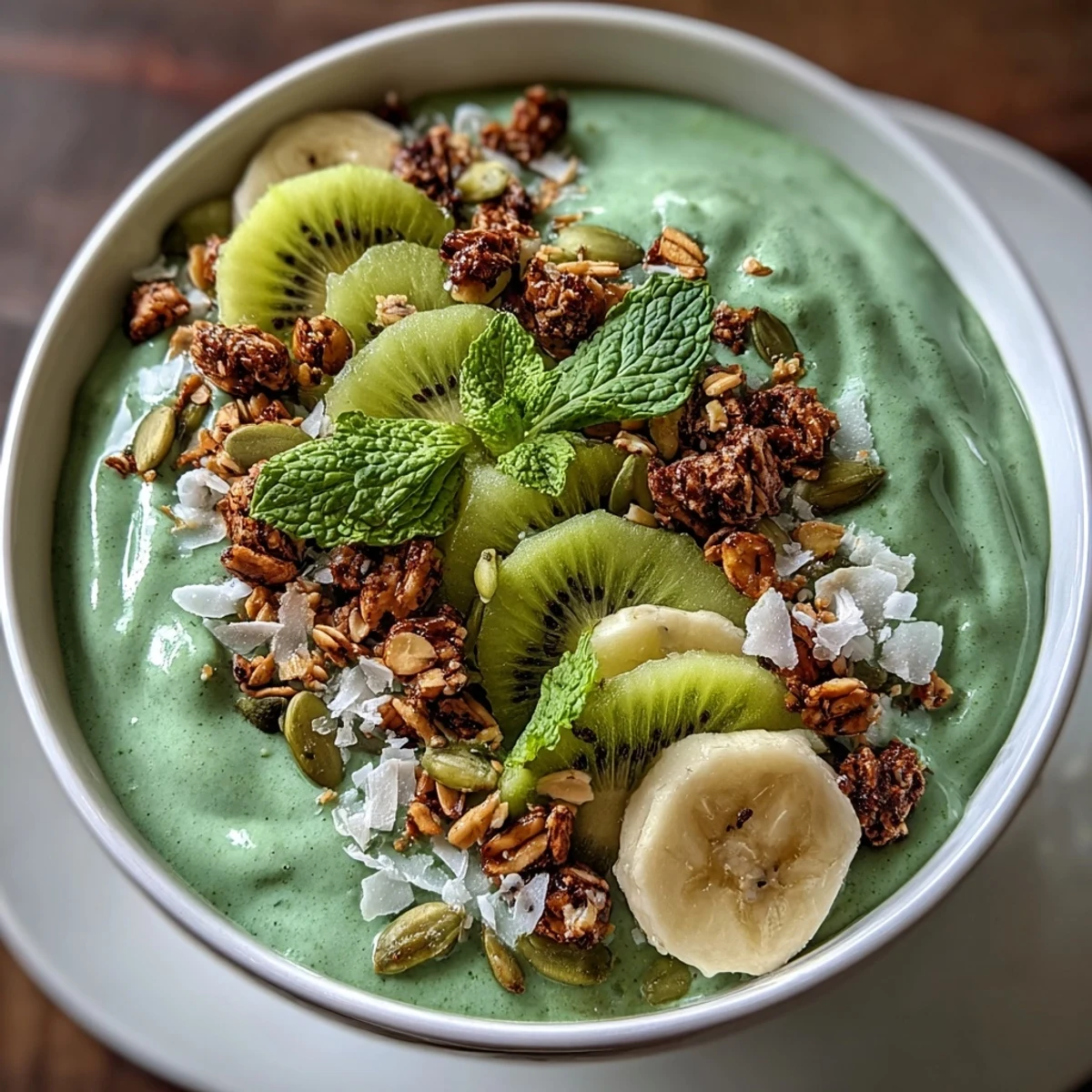 Vibrant Shamrock Green Smoothie Bowl featuring kiwi, spinach, and banana, finished with tropical coconut and fresh mint for a refreshing treat.