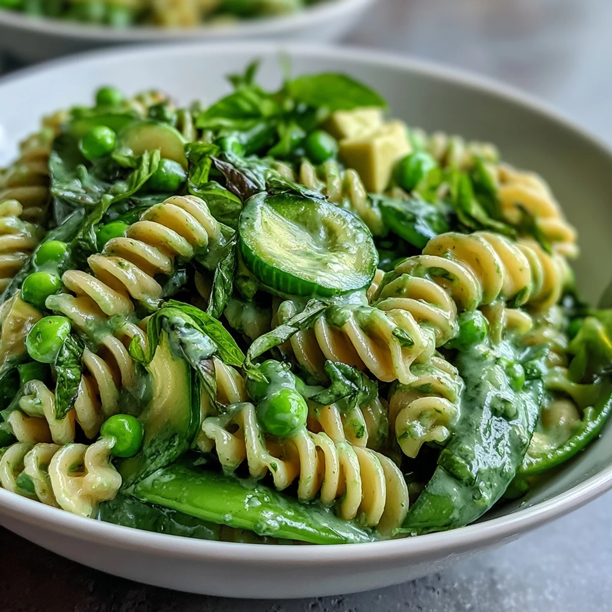 A refreshing spring pasta salad featuring peas, cucumber, avocado, and spinach tossed in a vibrant homemade green goddess dressing.