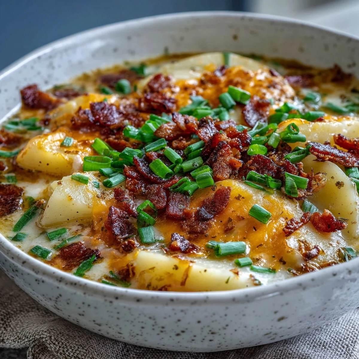 Rich and comforting potato soup topped with melted cheddar, crispy bacon, and fresh scallions.  