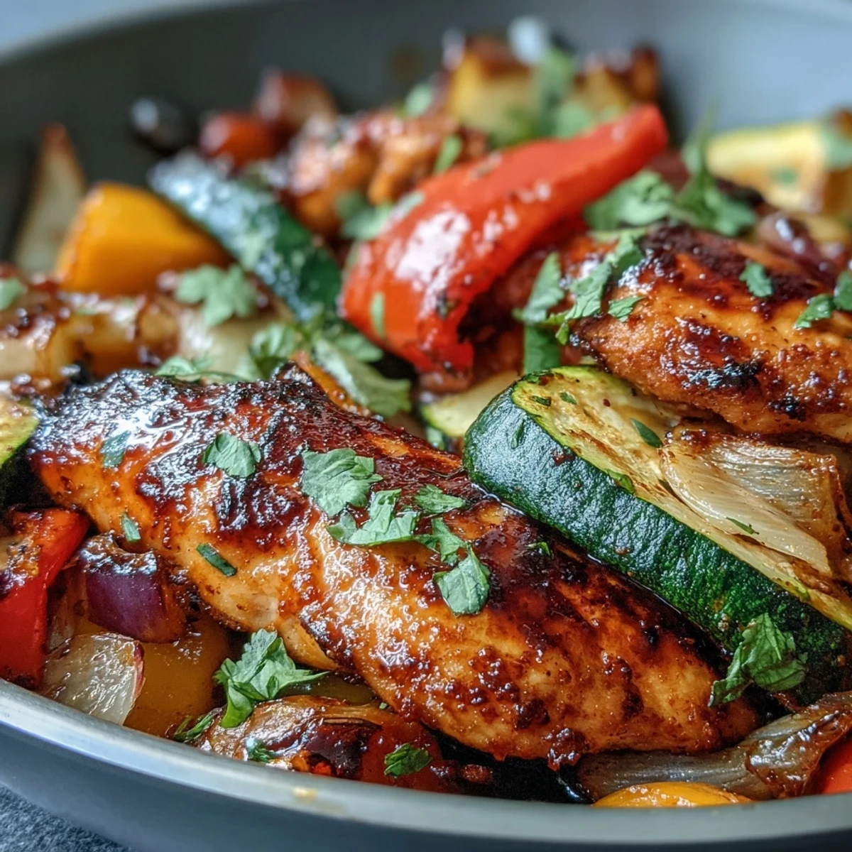 One-pan mango chili chicken and veggie bake with juicy chicken, sweet mango, and colorful roasted vegetables in a spicy glaze.