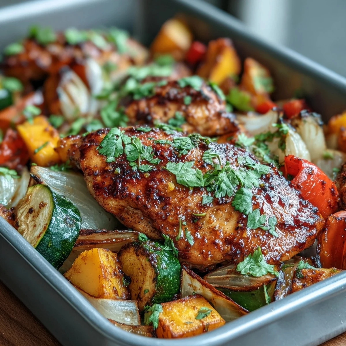 Spicy mango chili chicken and veggie bake served hot from the oven, with tender chicken and caramelized mango chunks.