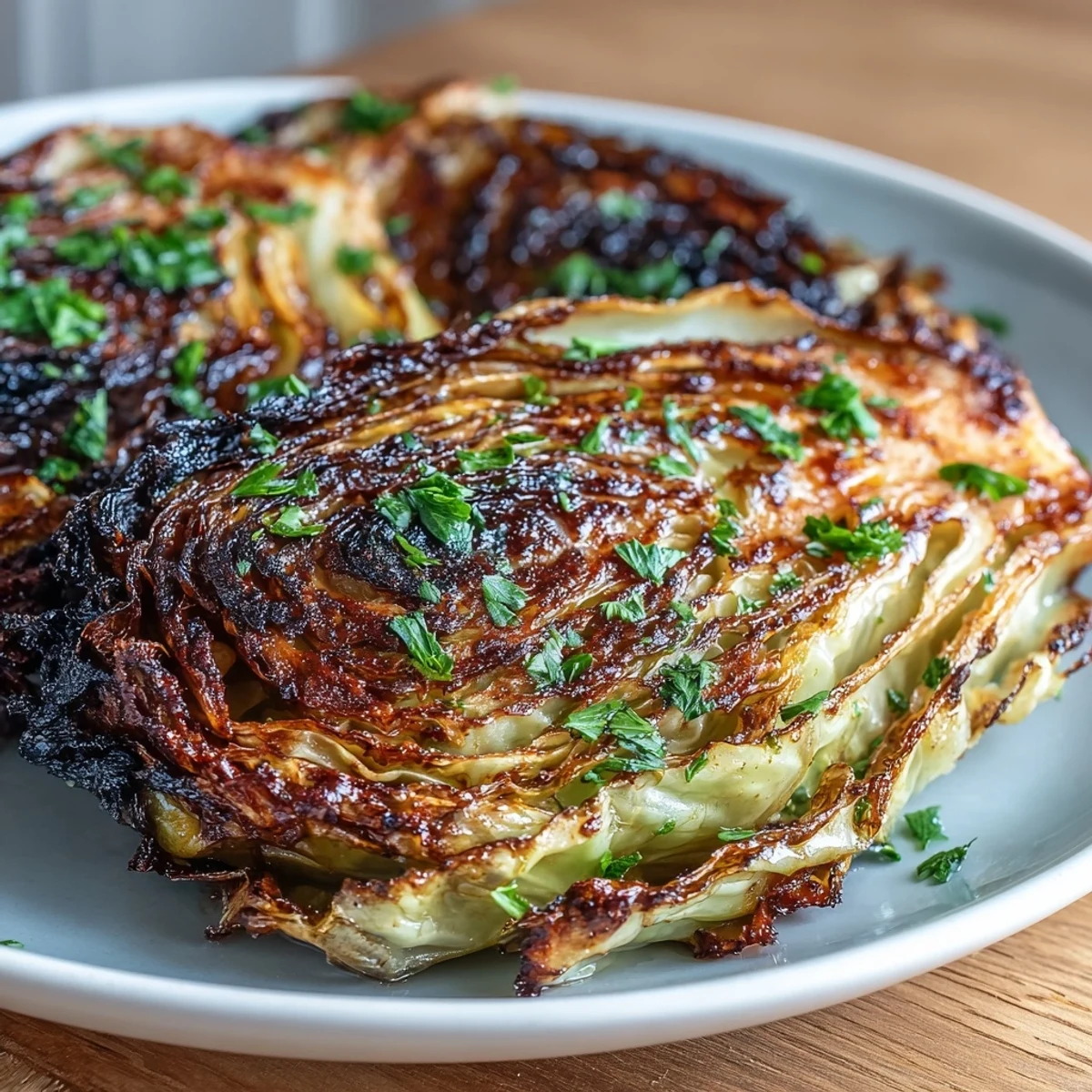 Thick-cut cabbage steaks air-fried until golden and crispy, finished with melted garlic butter for a flavorful vegetarian main or side.