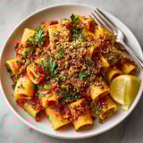 Steaming bowl of Moroccan Harissa Pasta with Date and Almond Crumble, showcasing vibrant colors and crunchy texture.