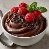 Silky chocolate avocado pudding with creamy texture, garnished with coconut whipped cream and nuts.
